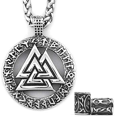 Gungneer Odin Valknut Pendant Necklace Norse Pagan Jewelry Stainless Steel Viking Jewelry Men, Viking Beard Beads Gift
