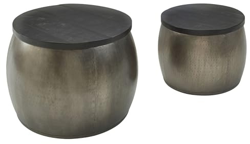 Wohnling Design Couchtisch 2er Set Mango Massivholz Satztisch Rund Silber, Wohnzimmertisch Aluminium Abnehmbarer Deckel, Beistelltisch Modern Metall/Holz 2-teilig mit Stauraum