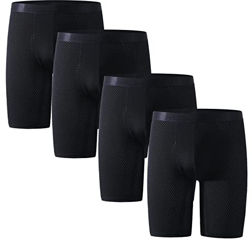 Nuofengkudu Long Boxer Homme Maille Soie Glacée Cool Calecon Respirant Mesh Confort sous-Vêtements Anti Frottement Elastique Pouch Culottes Flex Underpants Underwear 4 Pack-Noir 2XL