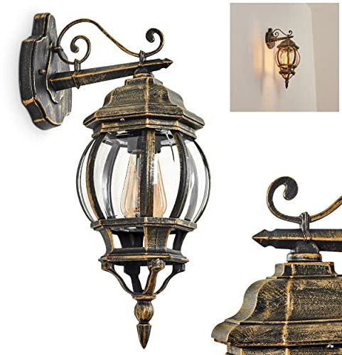 Außenwandleuchte Lentua, Wandlampe abwärts in antikem Look, Metall/Kunststoff in Braun/Gold/Klar, E27-Fassung, Retro/Vintage Außenleuchte für Terrasse, Veranda, Hof, IP44, ohne Leuchtmittel