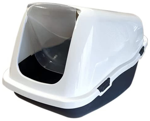 Arenero Cubierto Cerrado Grande con Puerta Oscilante para Gatos – Cubierta Desmontable y Tapa Transparente Abatible, Material de Plástico Resistente 57 x 40 x 37 cm (M) (Gris)