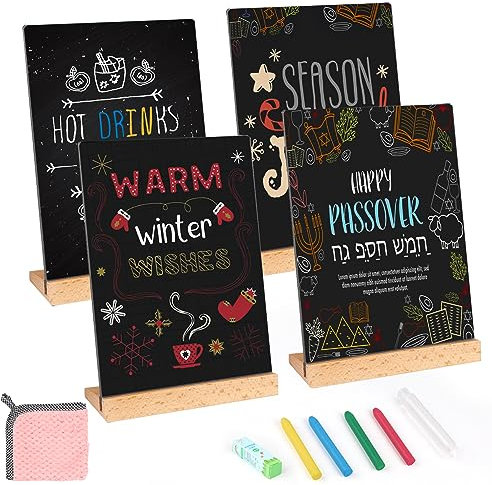 SWAWIS A5 Mini Kreidetafel Klein Kleine Tafel Holzsockel Kreidetafel Aufsteller mit Staubfreie Kreide Doppelseitige Kleine Tafeln Zum Beschriften Tischaufsteller Preisschilder Schiefertafel, 4 Stück