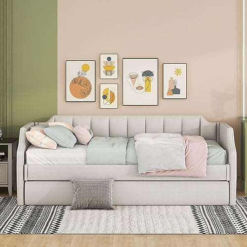 Moimhear Divano letto con letto singolo estraibile, imbottito, da 90 x 200 cm (190), beige