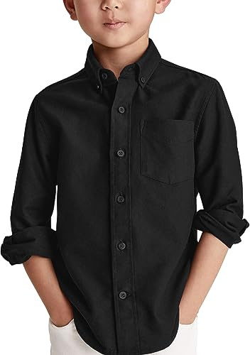 Karlywindow Boys' Long-Sleeve Dress Shirts Classic Collared Button-Down Tshirt Cotton Children's Plain Top with Chest Pocket, Black, 12-14 Years