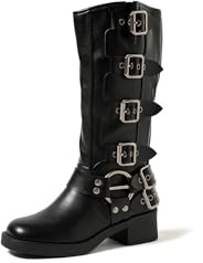 QUEEN HELENA Stivali Biker Stivaletti con Fibbie con Tacco Basso Donna X30-117 (Nero, Sistema Taglie Calzature EU, Adulto, Donna, Numero, Media, 36)