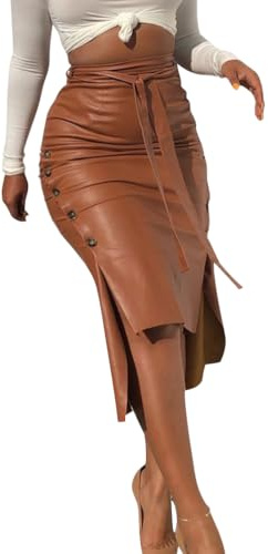 shownicer Jupe Crayon Femme Jupe mi-Longue en Faux Cuir PU Sexy Slim Fit Taille Haute A-Ligne Fente Latérale Midi Jupe Bodycon Clubwear A Marron M