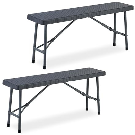 Relaxdays Banc Pliable, Lot de 2, pour Jardin, terrasse et Camping, HLP : 42x102x25 cm, Aspect rotin, Plastique, Gris