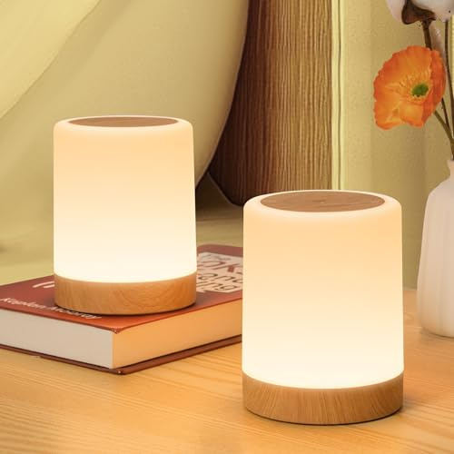 Juego de 2 lámparas LED de mesilla recargables por USB, lámpara de mesa táctil regulable con 256 colores RGB y 3 modos, luz nocturna para niños sin cable con función de temporización y memoria