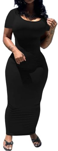 PINSV Women's Casual Bodycon Maxi Dress Summer Scoop Neck Short Sleeve Long Fitted Dresses Club Party M Black