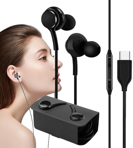 Auriculares tipo C con cable, auriculares intrauditivos con micrófono | Sonido estéreo de alta fidelidad, cancelación de ruido, auriculares impermeables para llamadas manuales