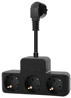 CILIA Grenuttag med 3 uttag med barnsäkring, kort kabel, utrymmesbesparande, AC 230 V 10 A/16 A, för hem, kontor, skrivbord, svart