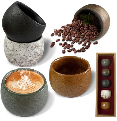 Espressotassen, 5 er Espressobecher 50 ml, Mini Espresso Tassen Set, Espressotassen Ohne Henkel, Espressotassen Keramik, Dickwandig Espresso Cups für Espresso, Eistee, Whiskey Perfekt Geschenk