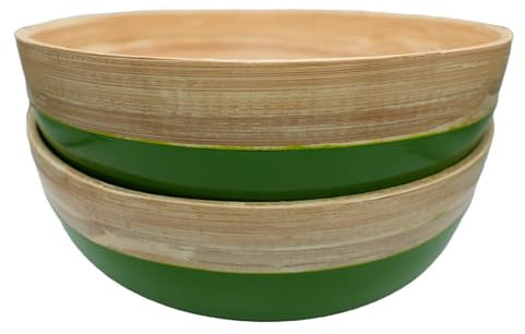 Green Bamboo Serving Bowls – Set of 2 Handcrafted Wooden Bowls for Pasta, Salad, Snacks & Fruit – Eco-Friendly, Durable & Lightweight – 20x6 cm – Glossy Green Finish