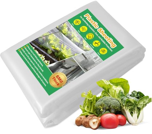 2x6M Heavy Duty Plastic Sheeting, 6 Mil Thick Clear Polythene Sheet, Waterproof UV Resistant Film for Greenhouse Polytunnel Plant Covers, Insulation & Dust Protection