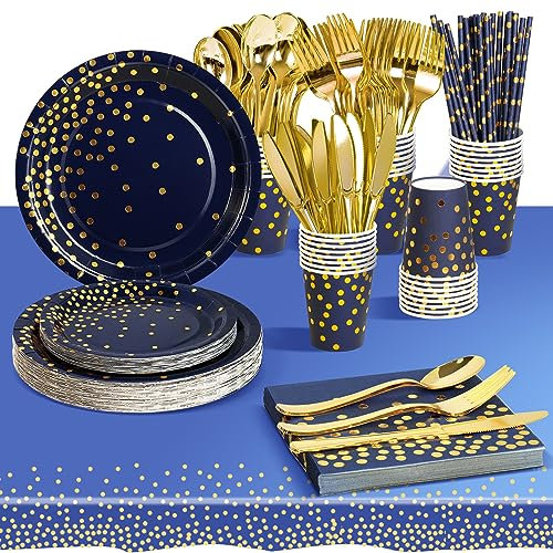 AIPartywar 226pcs Or Bleu Profond Party Vaisselle,Kit Vaisselles Anniversaire Assiette Dîner Papier Tasse Serviette Réutilisable Vaisselle, Enfants Party Fête Mariages Baby Shower - 25 invités