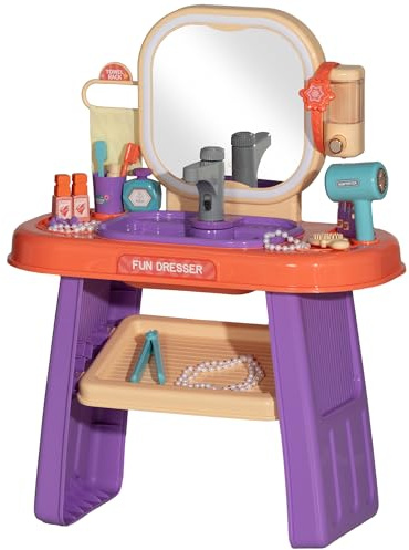 AIYAPLAY Schminktisch für Kinder, Kinderschminktisch mit Spiegel Musik Beleuchtung Wasserhahn Zubehör, Frisiertisch, Frisiersalon Kosmetiktisch Set für Mädchen 3-6 Jahren Kinderzimmer Violett