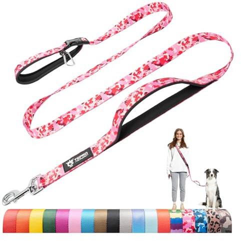 TSPRO Tactical Hands Free Dog Leash, Heavy Duty Adjustable with Padded Handle & Metal Safety Clasp for Walking Running Hiking Training, Medium & Large Dogs (Camo Pink 25)