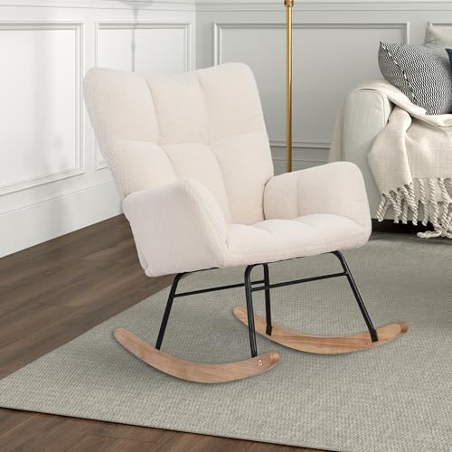 DAHUEN Gungstol, amningsstol, fåtölj, relaxfåtölj, gungstol vardagsrum, loungefåtölj, solstol, gungstol, lammullmaterial med ryggstöd, trasig vit