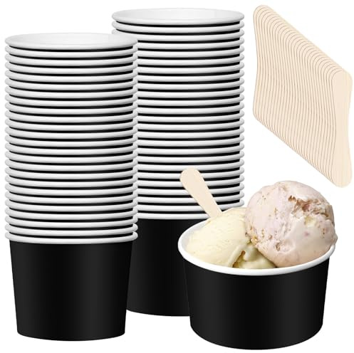 50 vasos de helado universales ecológicos de cartón, 240 ml, de papel, con 50 cucharas, helados de cartón, vasos compostables, vasos de papel para helados, yogur, comida con dedos, color negro