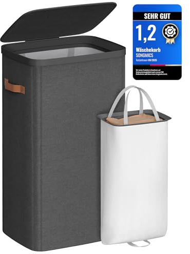 SONGMICS Wäschekorb, 100 L Wäschesammler, Wäschetonne, leichter Aufbau, mit Deckel und Griffen, herausnehmbarer Wäschesack, 42 x 32 x 75 cm, tintenschwarz LCB811BH01
