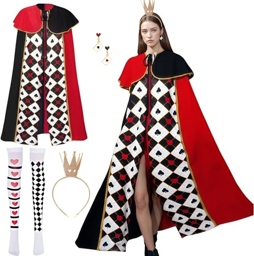 Queen Costumes Adults, Red-Black Hearts Cloak Womens Costume-6Pcs, Womens Queen Cloak with Crown Hairband, Earrings, Socks, Queens Cape Cosplay Costume for World Book Day Carnival Cosplay Party