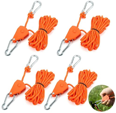 4 Pcs Guy Ropes for Awning, 4 mm Tent Guy Ropes, Camping Cord with Pulley, 4M Heavy Duty Tent Guide Rope with Aluminum Adjuster, Reflective Camping Rope for Awning Outdoor Tarp Hiking Awning Picnics