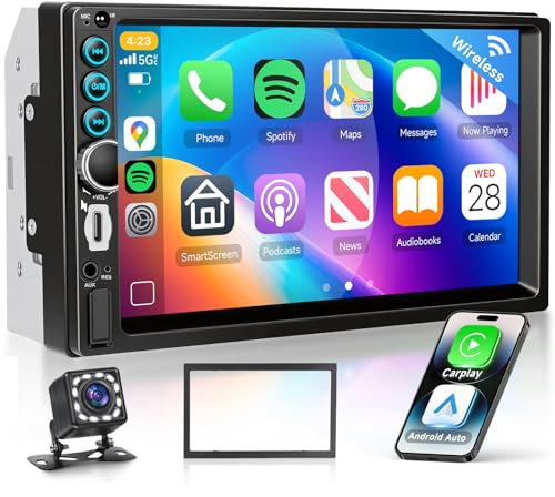 VECHTEL 7 tum 2 DIN-bilradio med trådlös CarPlay, Android Auto, FM-radio med Bluetooth, GPS-navigering, 2 USB/SD/AUX-portar, spegellänk, IPS-pekskärm med backkamera och rattkontroller