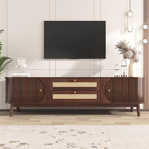 Merax TV Cabinet Natural Walnut TV Unit with Faux Rattan Drawers & Doors, Sliding Door Design, Wooden Frame & Legs, for Living Room, Storage Solution with Drawers - 170 L x 39.5 B x46 H(cm)