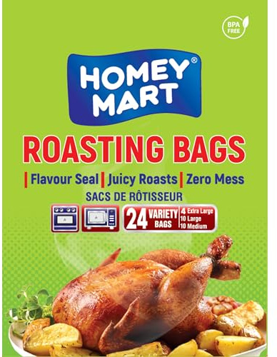Roasting Bags Flavour Seal, BPA-Free Multi-Size Oven Bags with Ties for Turkey, Chicken, Meat, Fish, Vegetables, Medium (10), Large (10), Extra-Large (4) Sizes - 24-Count Variety Pack