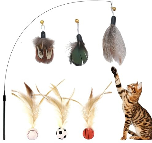 Bertifive Cat Teaser Cat Toy Ball Set Self-Entertainment, Natural Interactive Cat Toy for Cats, Intelligence Toy with Feathers, Cat Toy