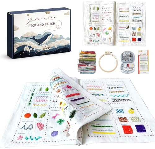 Kit de Broderie pour Adultes, 49 pièces Kit de Broderie pour Débutants, Livre de Broderie en Lin avec Une Variété de Motifs ，Inclut un guide illustré des points principaux et tous les outils néce
