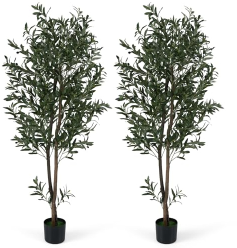 COSTWAY Set med 2 konstgjorda olivträd, 180 cm, konstgjord växt i kruka, konstgjorda växter med PE-stam, realistiska frukter och blad, rumsväxt för inomhus, hem, kontor (grön, 180 cm)
