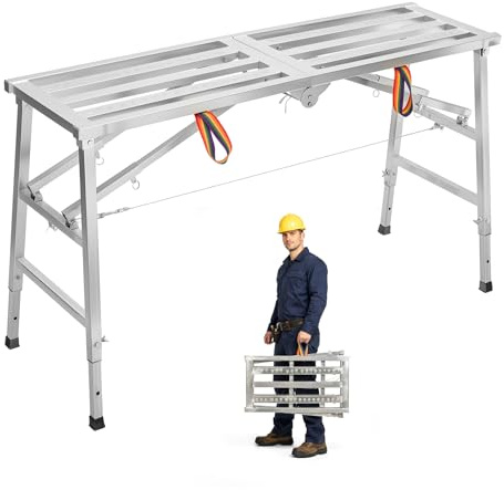 GreenWhim Folding Steel Work Platform Ladder Stool – Portable Heavy-Duty Step Ladder for Home, Workshop, Garage, Office, Max Load 300KG, Adjustable Height 70-110CM