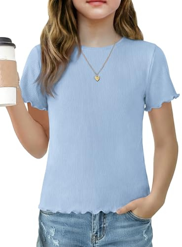 Arshiner Girls' T-Shirt Ribbed Tops Blue Summer Short Sleeve Shirts 11-12Y
