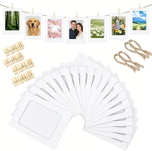 40 Pcs Kraft Cardboard Photo Frames 4x6, DIY Hanging Picture Display Kit with Wooden Clothespins and Natural Twine, No Drill Wall Decor for Bedroom Classroom, Blank Paper Frames for Drawing