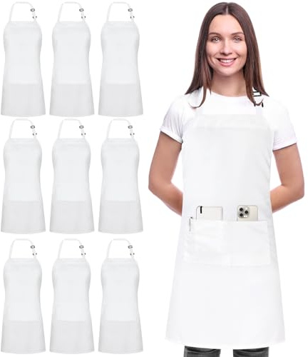 Utopia Kitchen Grembiule regolabile (confezione da 10) da cuoco, da cucina, da uomo, donna, cameriera, lavoro, con tasche, bianco, confezione da 10