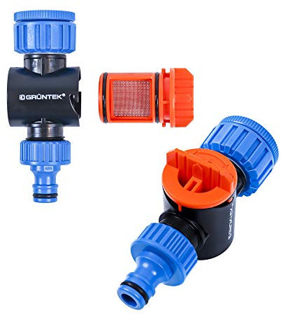GRÜNTEK Leitungswasserfilter, Wasserfilter ideal für Garten, Bewässerung und Regentonne, Edelstahl-Filter-Schnellentnahme in 2 Sekunden, für 1/2' und 3/4' Wasserhahn, universeller Schnellanschluss