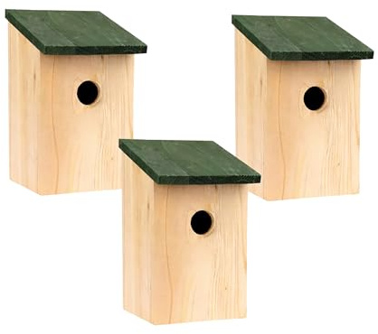 3x Wooden Bird Box Garden Bird House Nesting Boxes With Green Hinged Roof For Easy Cleaning Predator Proof To Accommodate Small Birds Sparrows, Tits Robin Nester