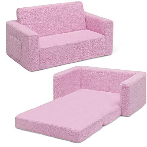 Delta Children Cozee Flip-Out Sherpa 2-in-1 Convertible Sofa to Lounger for Kids, Pink