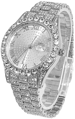 HALUKAKAH Diamante Reloj de Oro para Hombre,Platino Chapado en Oro Blanco Cuarzo Pulsera 24cm Esfera Redonda,con Caja de Regalo