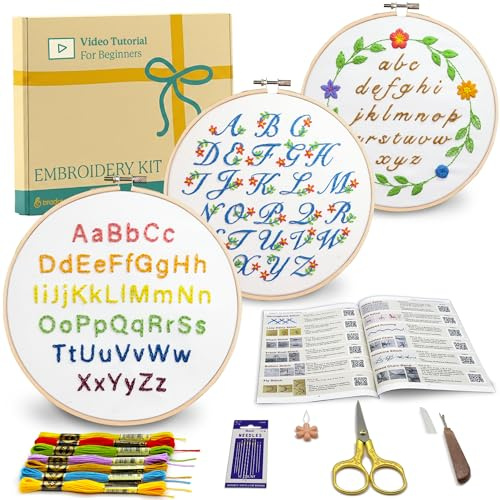 Bradove Kit de bordado de 3 juegos de letras del alfabeto para principiantes, adultos y niños, kit de aprendizaje a bordar para adultos y principiantes