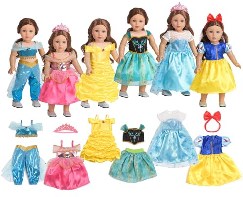 Sweet Dolly 18 Inch Doll Clothes 6 Sets Princess Dresses Accessories Costume Jasmine Aurora Belle Snow White for 18 Inch Dolls