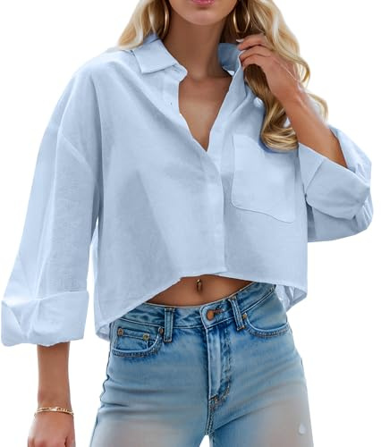 Teepie Women Cropped Button Down Shirt Casual Crop Long Sleeve Blouses Loose Fitting Ladies Tops with Chest Pocket Baby Blue L