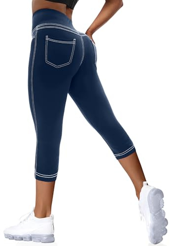 VOOVEEYA Curvy Womens Leggings, High Waisted Yoga Pants with Back Pockets, Tummy Control - Buttery Soft - Stretchy(Capri Navy Blue M)