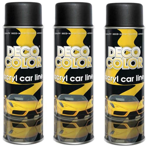 DECO COLOR 3er Sparpack ACRYL CAR LINE SCHWARZ MATT RAL 9005 in 500ml - Lackspray für z.B. KFZ, Auto, Motorrad, Alufelgen, Stahlfelgen (3 Dosen 500ml Schwarz MATT)