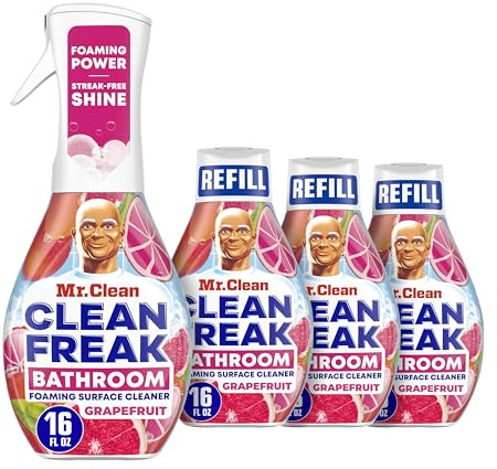Mr. Clean Clean Freak Foaming Bathroom Surface Cleaner Multi-Surface Spray Starter Kit and Refill Bundle, Grapefruit Scent, 64 fl oz