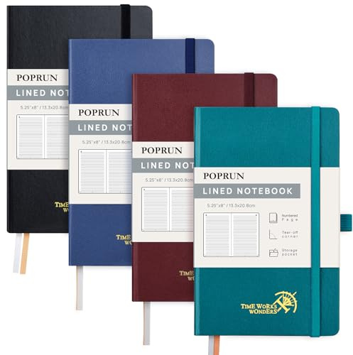 POPRUN Cuaderno de Tapas Duras, Tamaño Aprox A5, Papel Grueso de 120 GSM, 128 Páginas Digitales lisas Clásicas con Pegatinas, 8 Páginas Perforadas，Negro, Burdeos, Verde Pacífico, Azul Marino