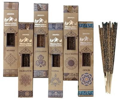Himalaya Masala Räucherstäbchen, Palo Santo, Copal, Myrrhe, Zimt, Opium, Olibanum, 6 Packungen x 10 Stäbchen (60 Stäbchen), Langbrennend, Handgefertigte Räucherserie