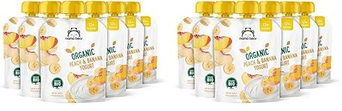 Amazon-Marke: Mama Bear Bio Zubereitung aus Joghurterzeugnis Pfirsich, Banane und Joghurt, Vegetarisch, 90g (6er-Pack) (Packung mit 2)