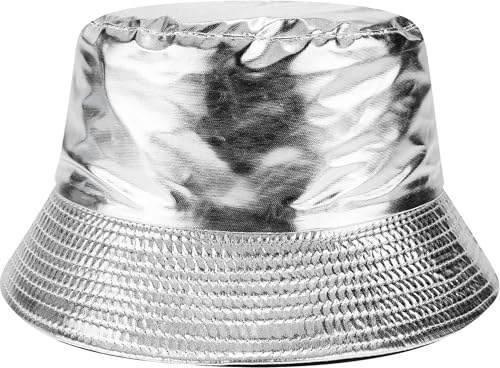 Joylife Metallic Bucket Hat Trendy Fisherman Hats Unisex Reversible Packable Sun Cap, PU Leather Silver
